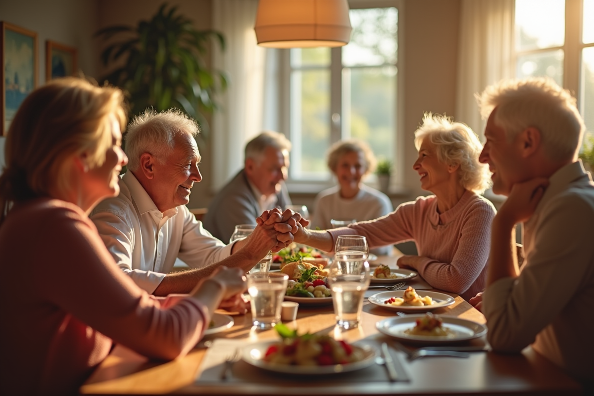 Couple âgé tenant la main lors d'un repas familial lumineux