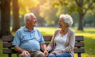Couple de seniors souriant main dans la main dans un parc
