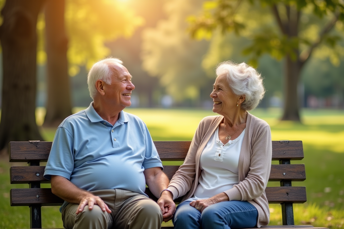 Couple de seniors souriant main dans la main dans un parc