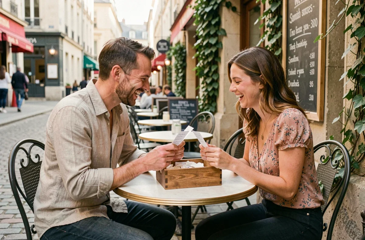Couple jouant à un jeu de questions amusantes en terrasse de café avec des cartes dans une boîte en bois