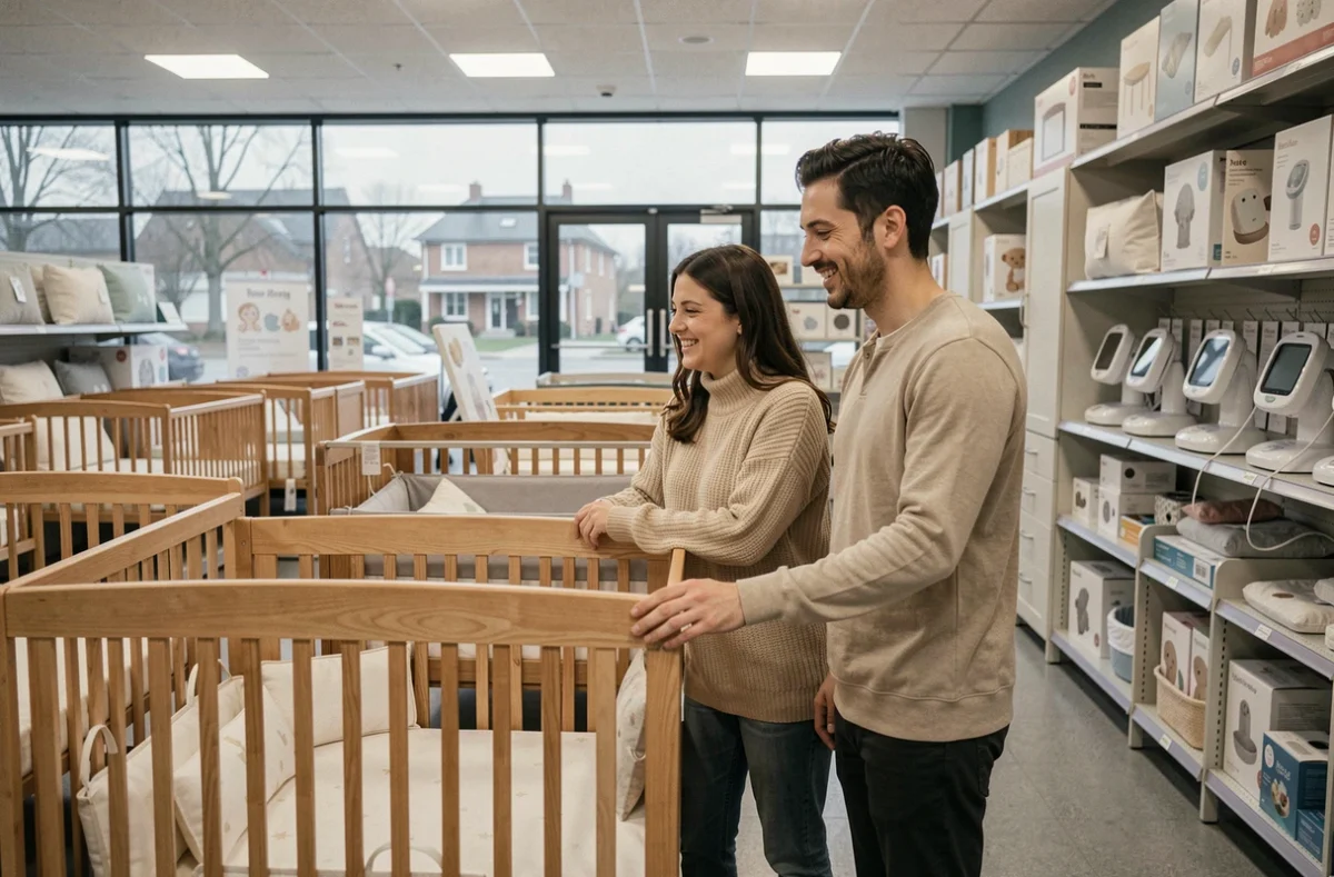 Couple de futurs parents découvrant des meubles de chambre bébé dans un grand magasin de puériculture en Hauts-de-France