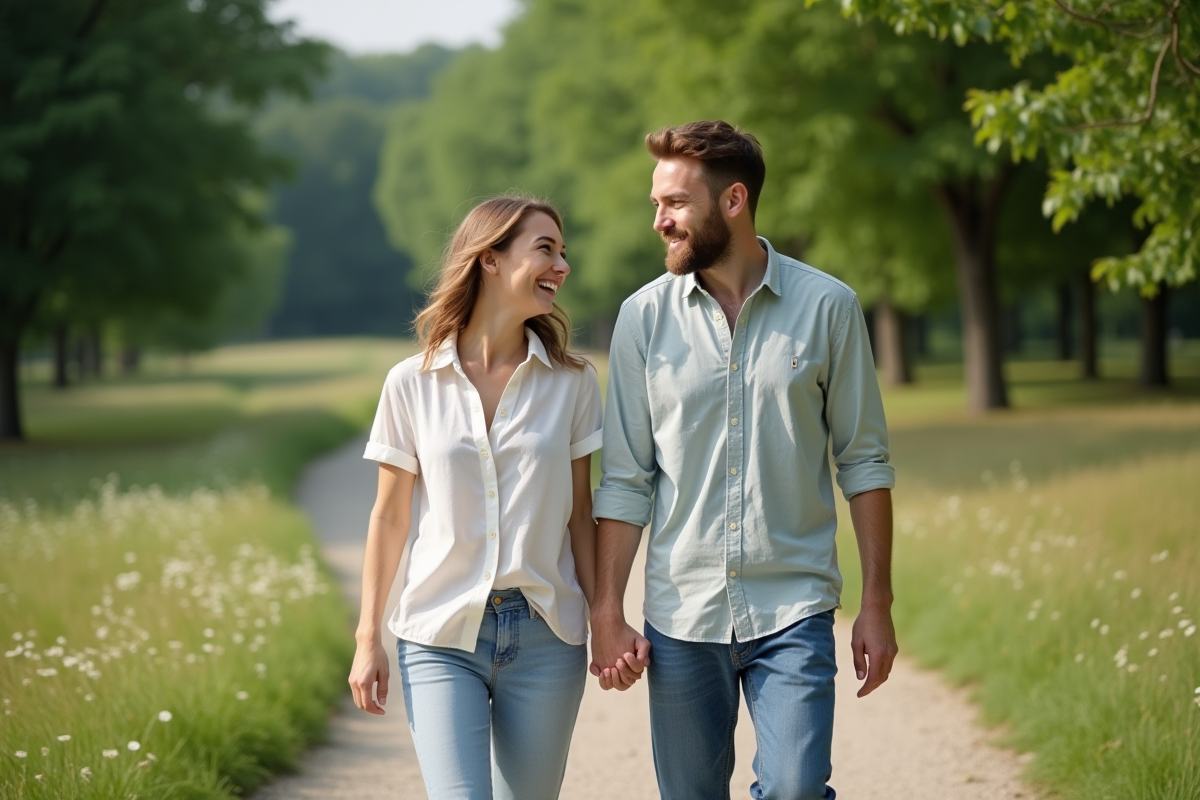 Jeune couple marchant main dans la main dans un parc verdoyant
