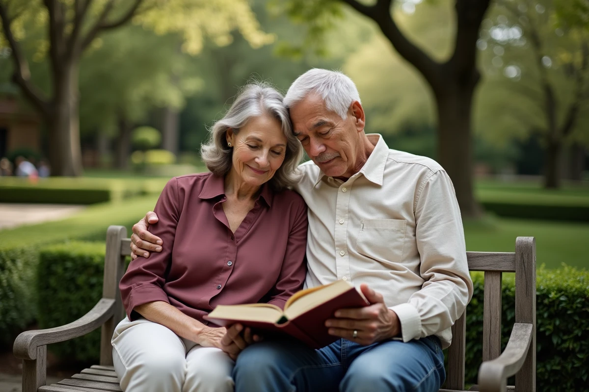 Couple serein partageant un moment de lecture dans un jardin verdoyant, évoquant une vie amoureuse protégée et complice