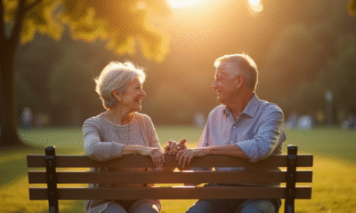 Couple d'âge moyen souriant sur un banc en parc