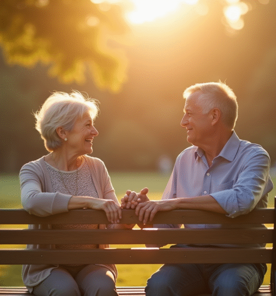 Couple d'âge moyen souriant sur un banc en parc