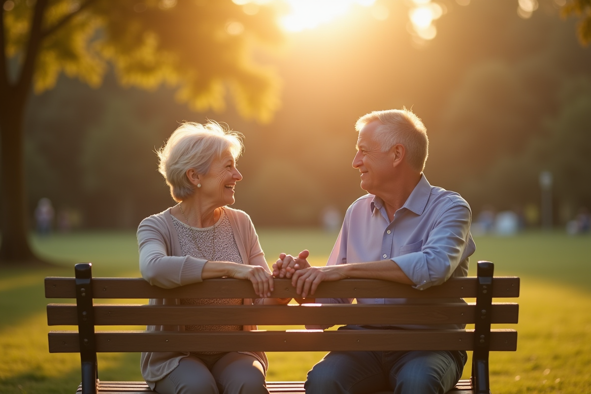 Couple d'âge moyen souriant sur un banc en parc