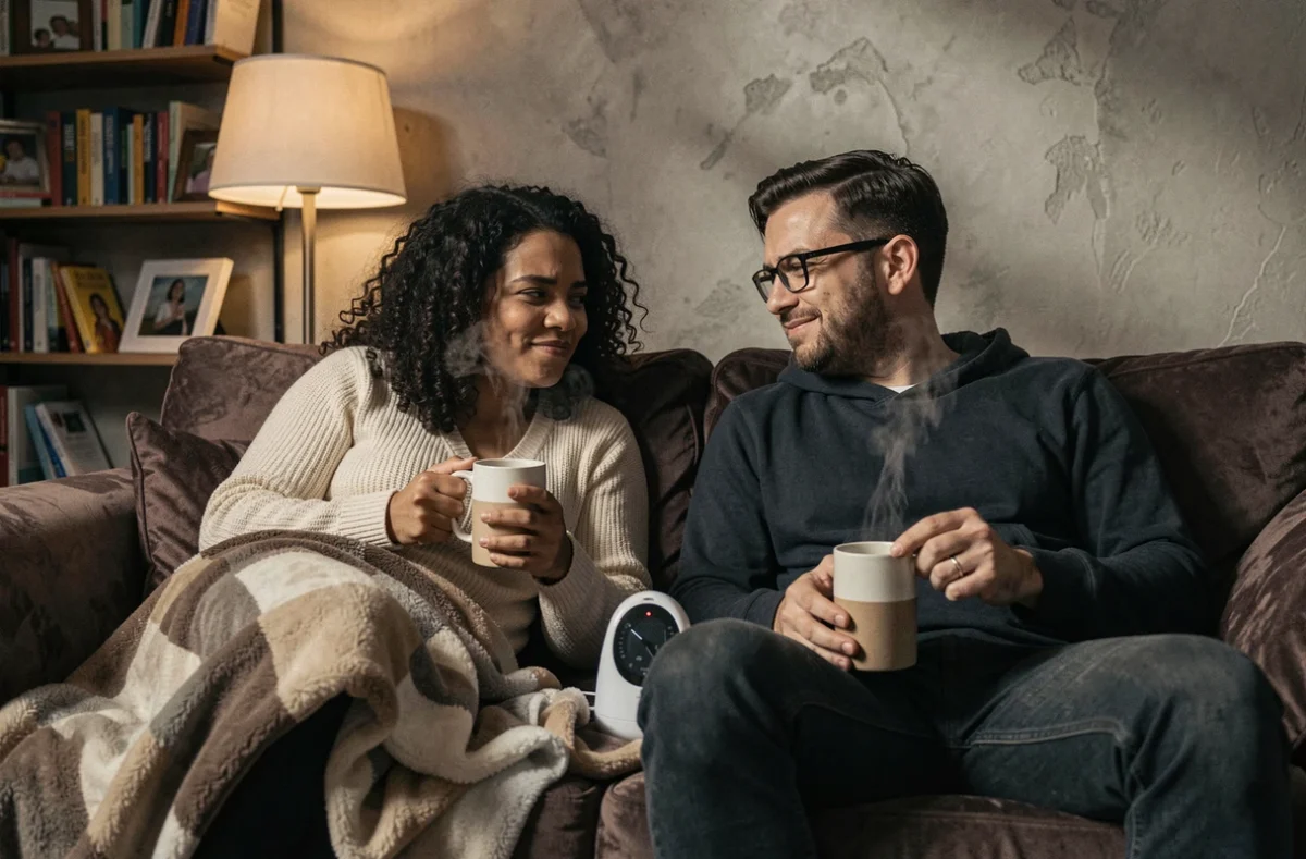 Couple de parents épuisés souriants complices sur le canapé le soir avec un babyphone, illustration du blog parental bienveillant
