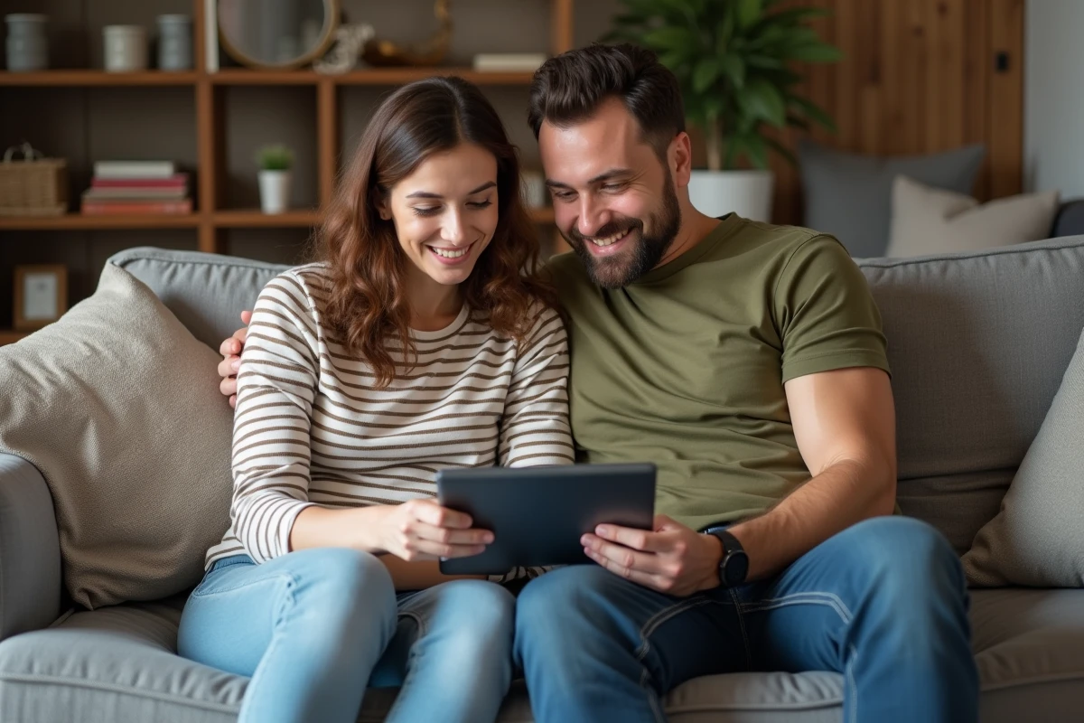 Couple consultant ensemble le portail famille de Meudon sur une tablette dans leur salon