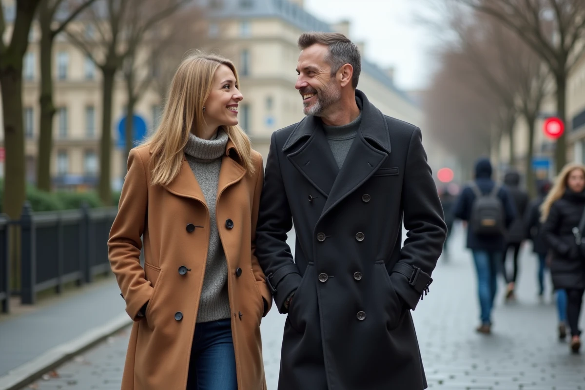 Couple élégant marchant sur un trottoir parisien pavé en automne, ambiance journalistique et discrète
