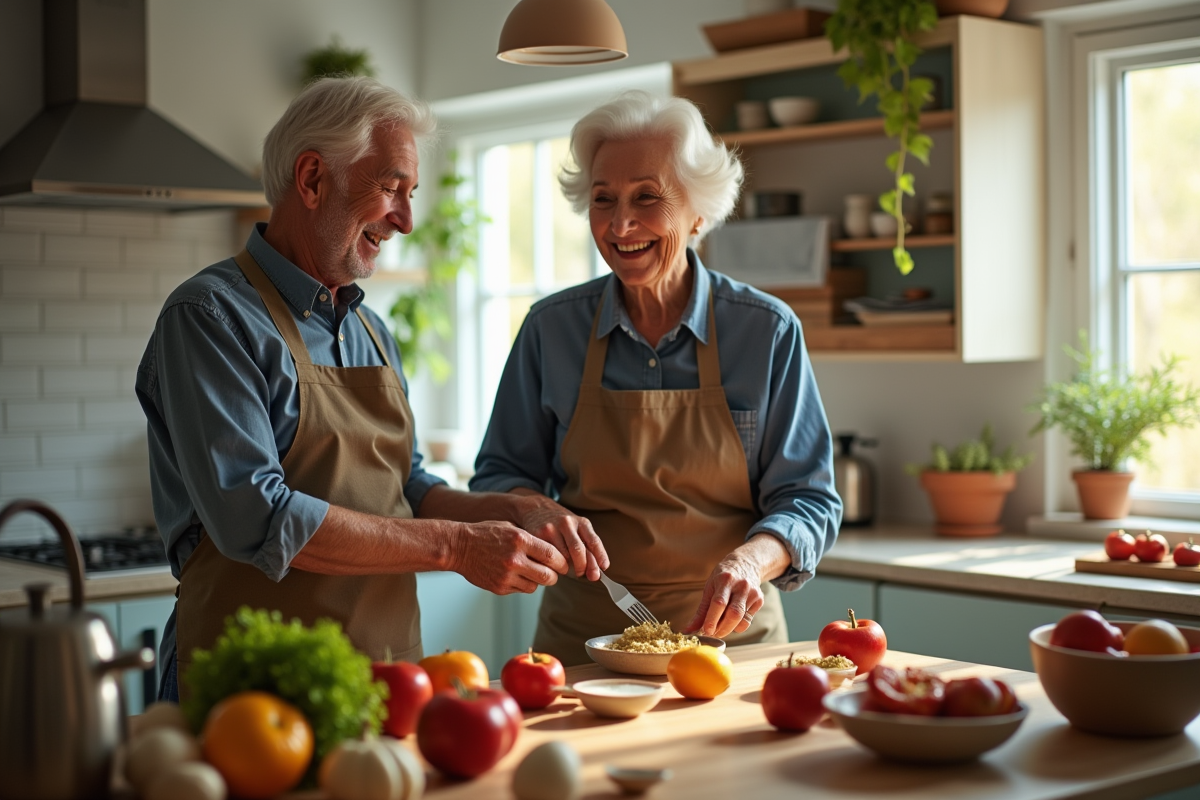 Couple senior préparant un repas dans la cuisine lumineuse