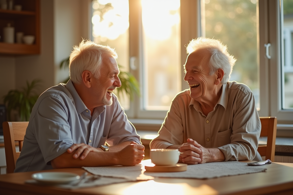 Couple senior riant ensemble dans une cuisine lumineuse