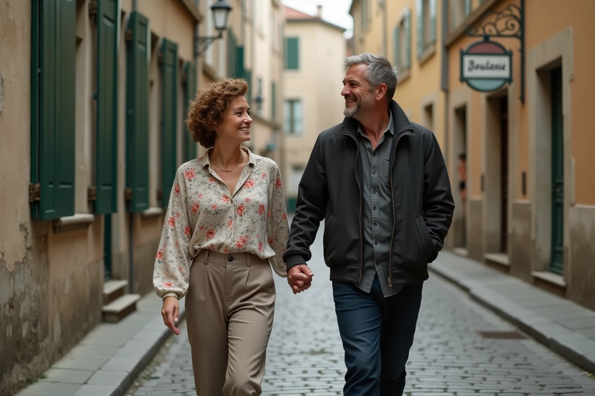 Couple marchant et riant dans une rue pavée française, évoquant les spéculations sur le nouveau compagnon de Zaz