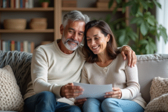 Couple d'âge moyen souriant dans un salon chaleureux