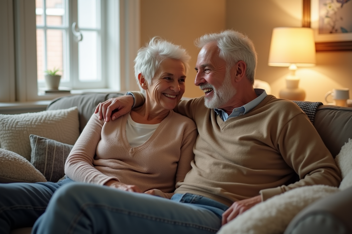 Couple mature souriant dans un salon chaleureux
