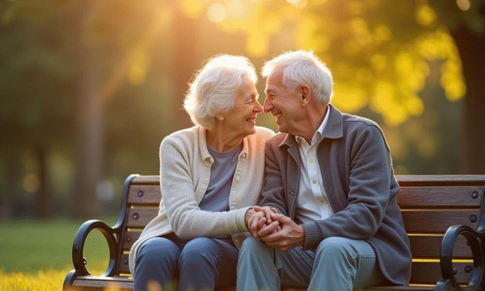 Couple senior souriant sur un banc en plein air