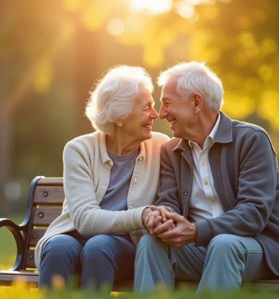 Couple senior souriant sur un banc en plein air