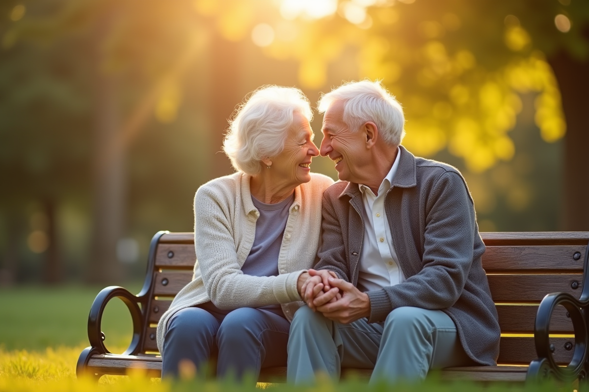 Couple senior souriant sur un banc en plein air