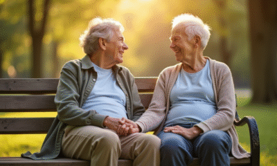 Couple senior assis main dans la main dans un parc ensoleille