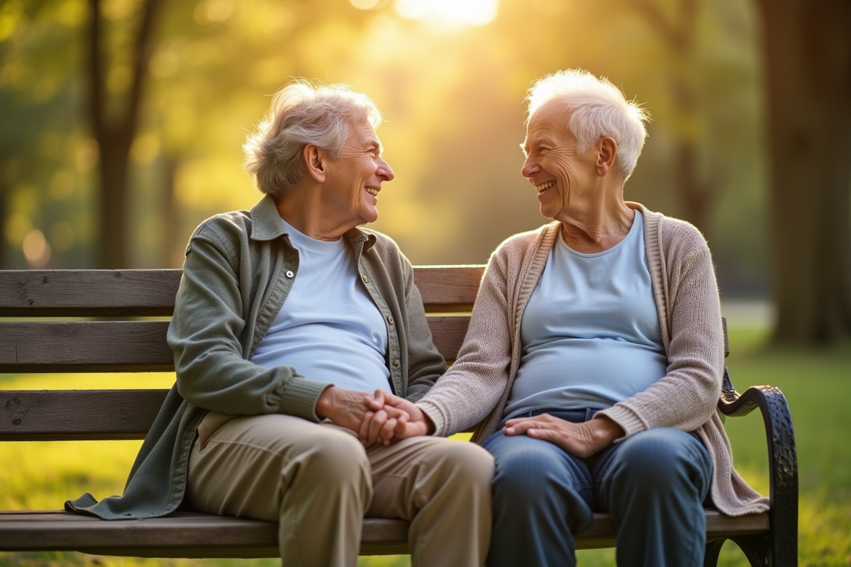Couple senior assis main dans la main dans un parc ensoleille