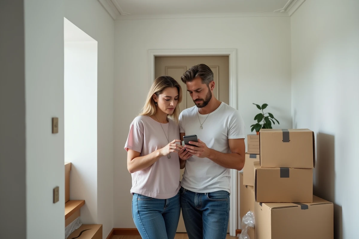 Couple consultant leur smartphone pour déclarer un changement d'adresse à la caisse d'allocations familiales lors d'un déménagement