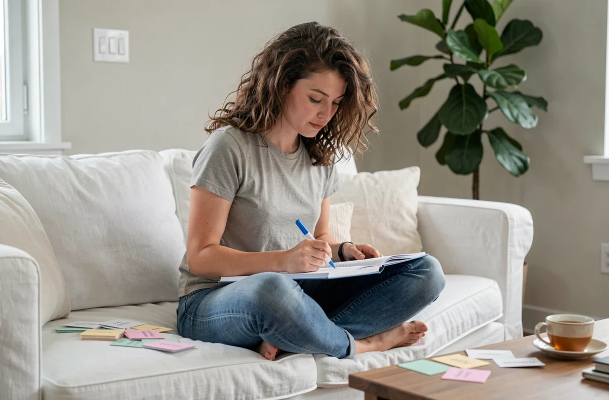 Jeune femme créant des questions de jeu sur des cartes index dans un appartement moderne et lumineux
