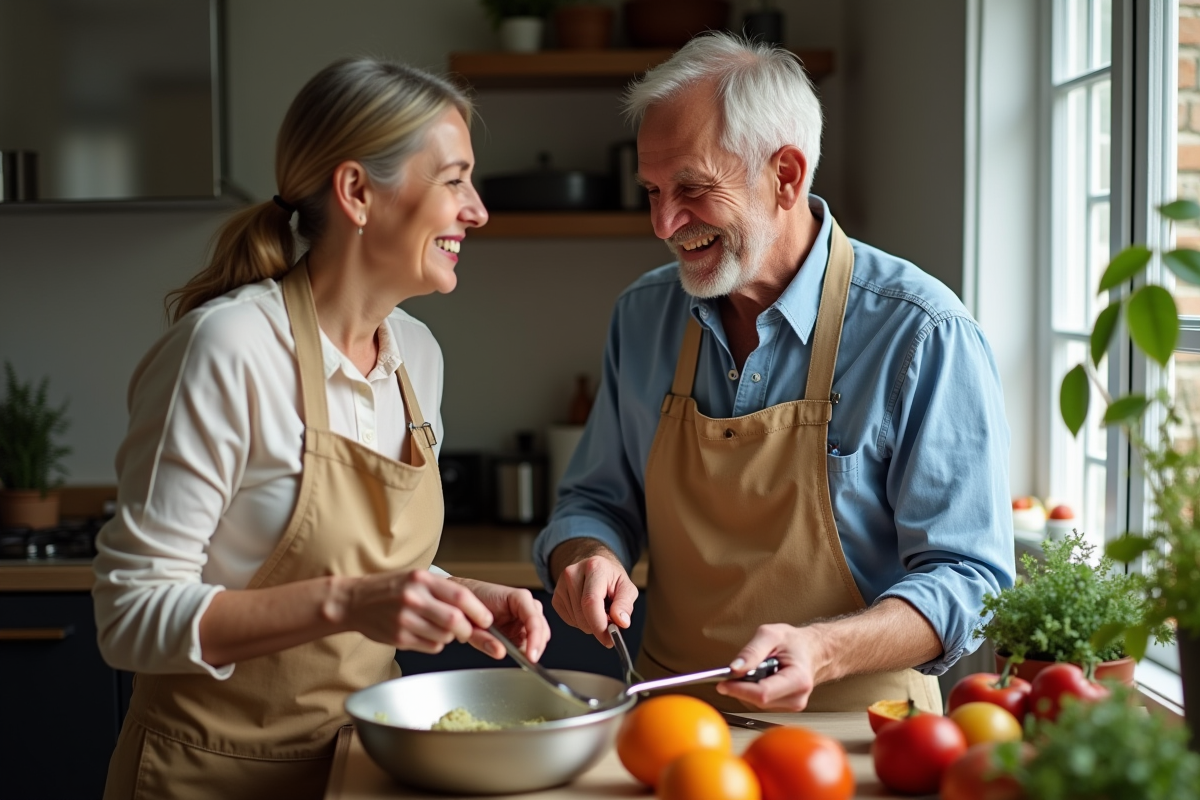 Couple mature cuisinant ensemble dans la cuisine