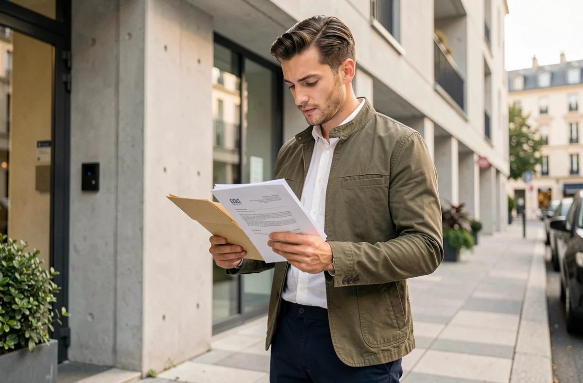 Homme tenant ses documents administratifs devant son nouvel immeuble lors d'un déménagement avec démarches CAF à effectuer