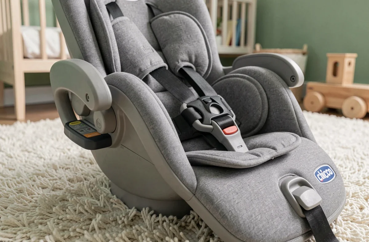 Détail du harnais et mécanisme d'inclinaison du transat Chicco Polly Magic Relax en chambre bébé