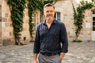 Portrait d'un homme d'âge mûr dans une cour parisienne aux murs en pierre, style éditorial