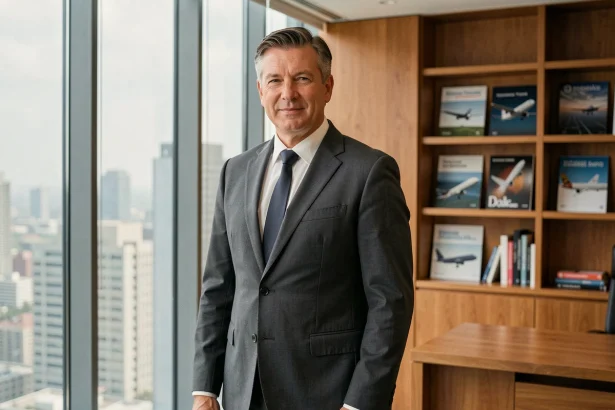 Portrait professionnel d'un dirigeant industriel discret en costume gris dans un bureau exécutif moderne, illustrant la discrétion et l'élégance d'un chef d'entreprise aéronautique