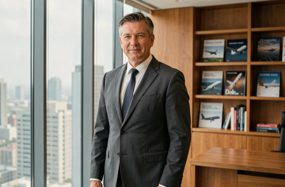 Portrait professionnel d'un dirigeant industriel discret en costume gris dans un bureau exécutif moderne, illustrant la discrétion et l'élégance d'un chef d'entreprise aéronautique