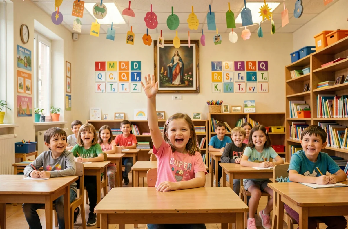 Écolière levant la main en classe à l'École élémentaire privée Sacré-Cœur, ambiance chaleureuse et catholique