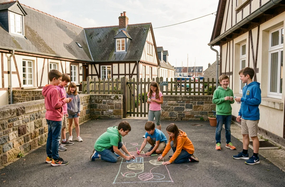 Enfants jouant dans la cour de l'école privée Notre-Dame Saint-Joseph à Honfleur avec l'architecture normande en arrière-plan