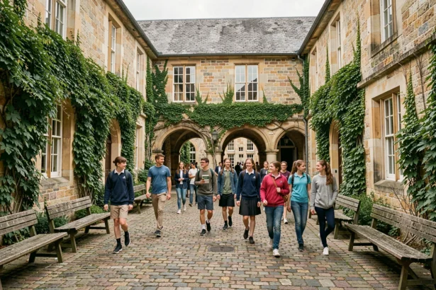 Cour intérieure d'une école privée normande avec des élèves en tenue décontractée dans le Calvados