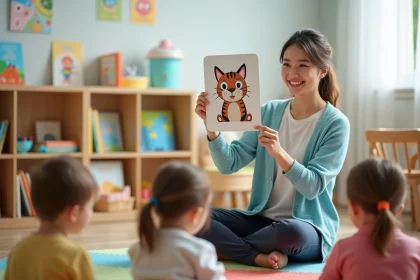 Éducatrice en crèche tenant une carte illustrée de chat pour apprendre la chanson Trois petits chats aux tout-petits