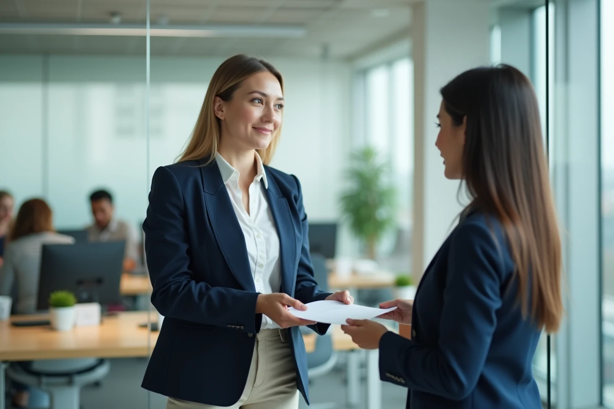 Employée remettant une lettre officielle de demande de temps partiel 80% à la responsable des ressources humaines après son congé maternité