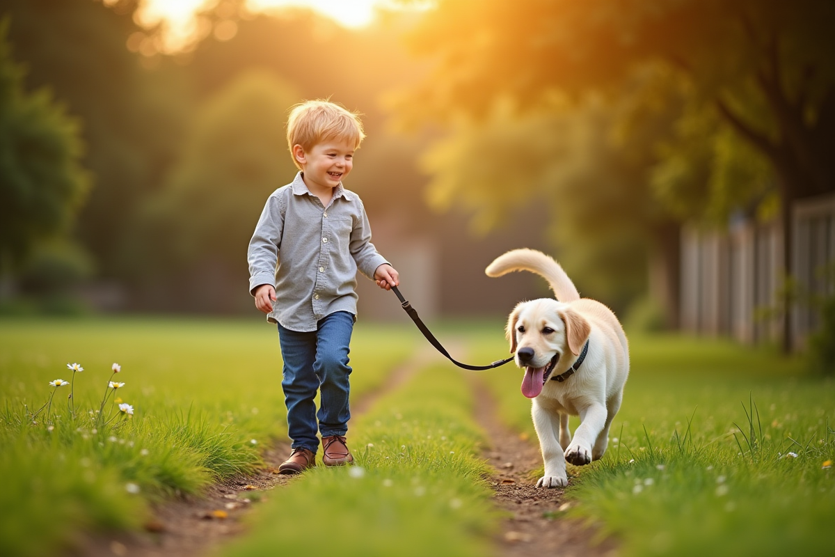 Enfant plus âgé marchant avec un chiot labrador dans un chemin vert au matin