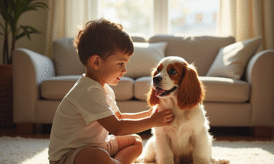 Jeune enfant caressant un cocker spaniel heureux dans un salon lumineux