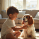 Jeune enfant caressant un cocker spaniel heureux dans un salon lumineux