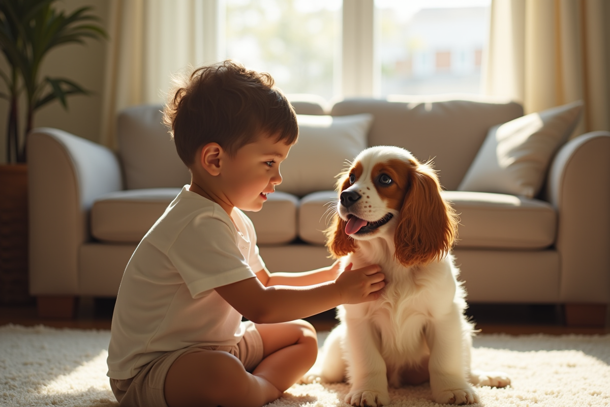 Jeune enfant caressant un cocker spaniel heureux dans un salon lumineux