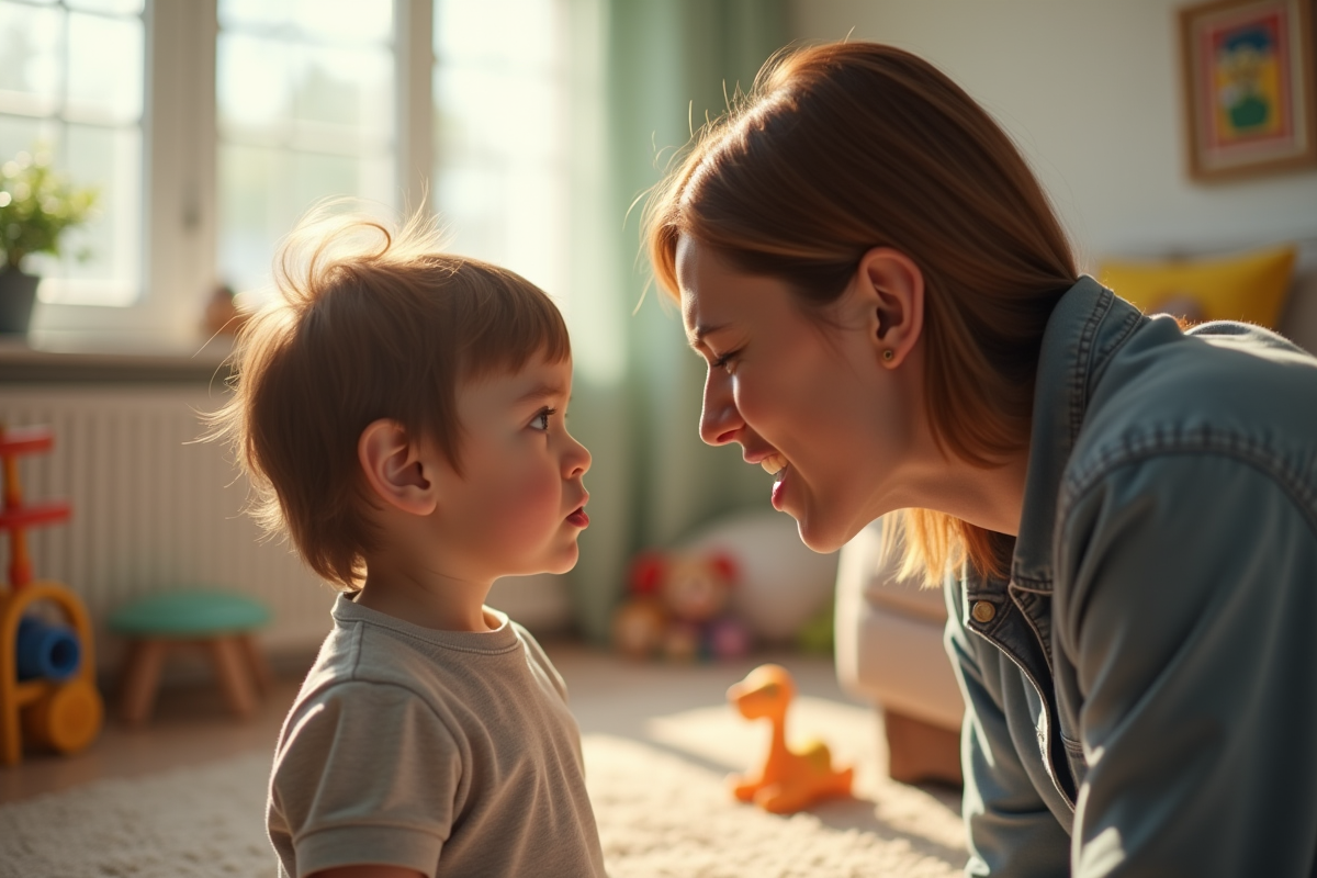 Un enfant curieux face à un adulte irrité dans un salon lumineux