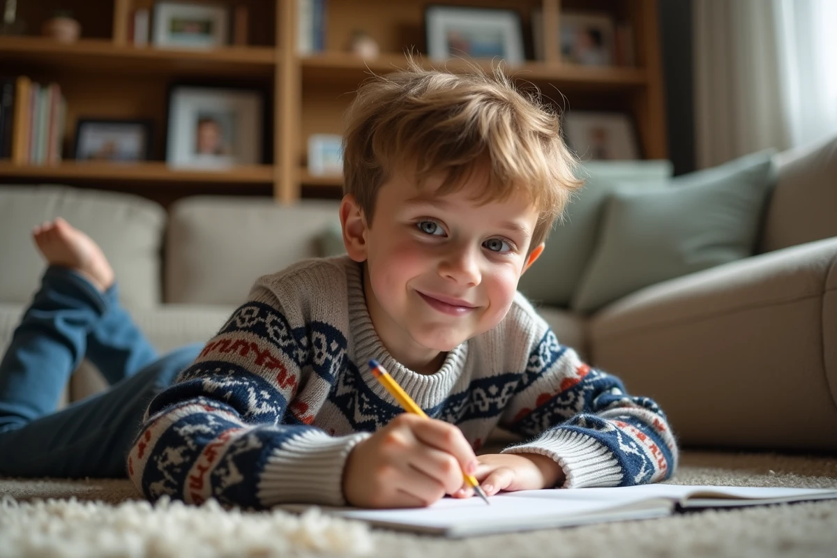 Garçon dessinant dans un salon chaleureux