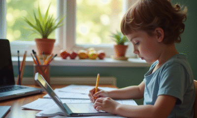 Enfant étudiant ses devoirs de mathématiques avec un ordinateur