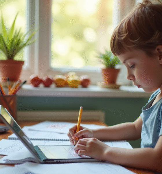 Enfant étudiant ses devoirs de mathématiques avec un ordinateur