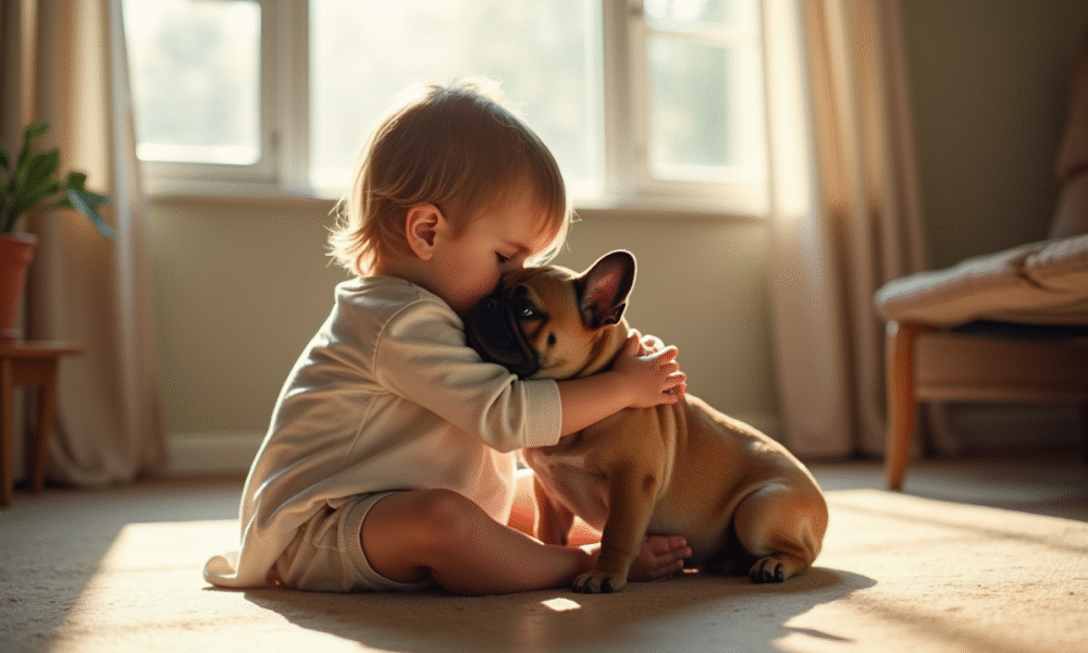 Jeune enfant embrassant un bouledogue français dans un salon lumineux