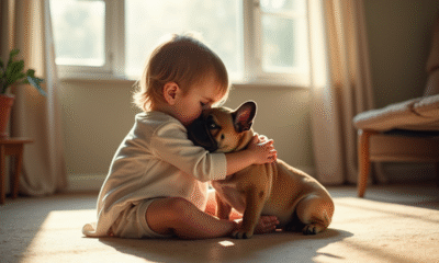 Jeune enfant embrassant un bouledogue français dans un salon lumineux