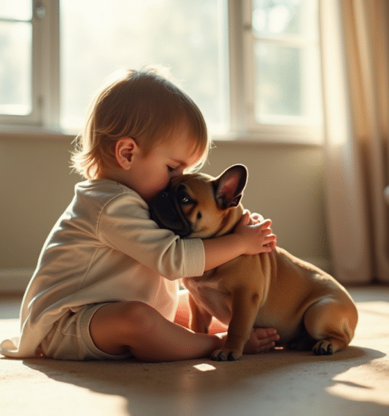 Jeune enfant embrassant un bouledogue français dans un salon lumineux