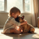 Jeune enfant embrassant un bouledogue français dans un salon lumineux
