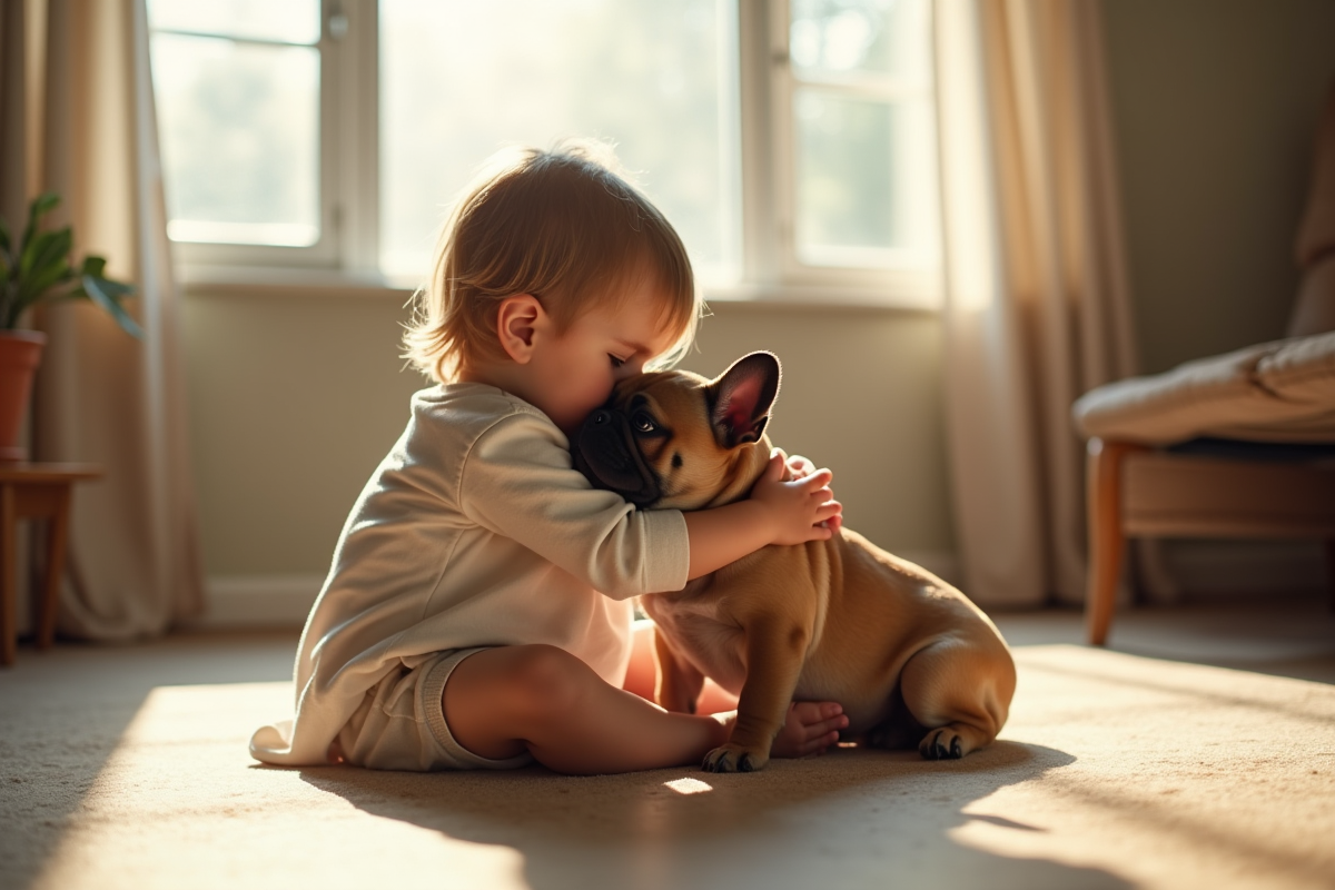 Jeune enfant embrassant un bouledogue français dans un salon lumineux