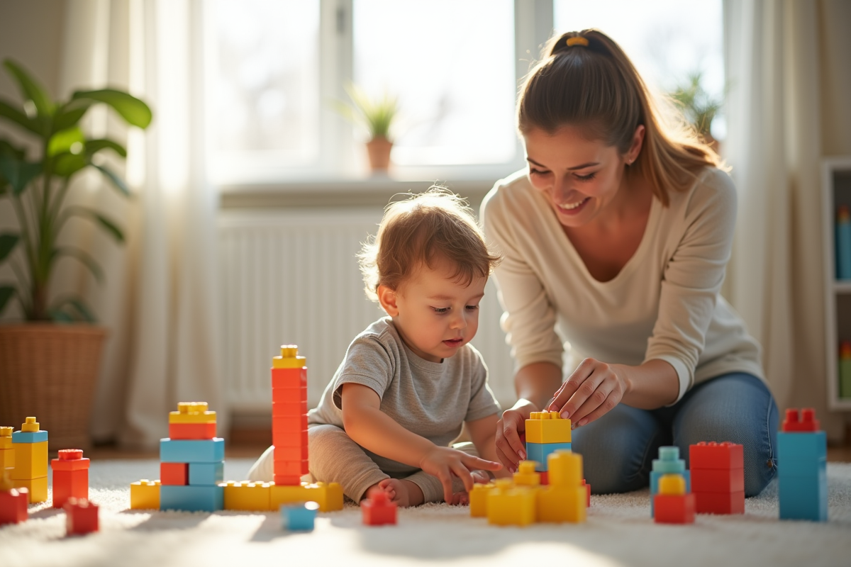 Enfant jouant avec des blocs dans une salle lumineuse